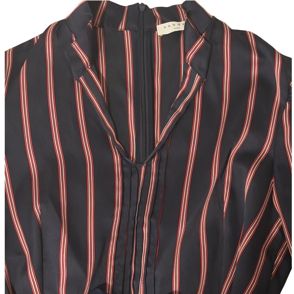 Sandro Paris Striped Mock Neck Tie Waist Mini Dress Navy Red Satin Size 40|US 8 - Picture 5 of 8